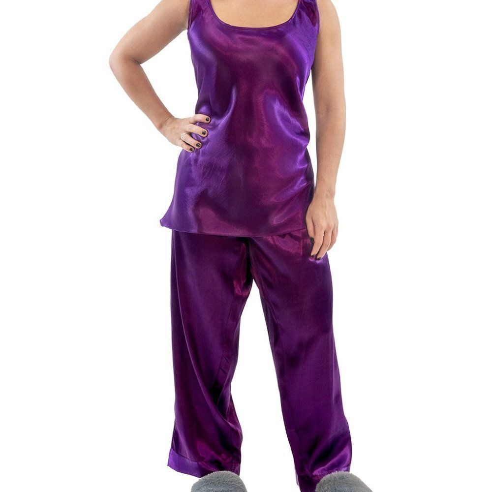 Satin Sleeveless A Line Top Pajama Set  Purple L